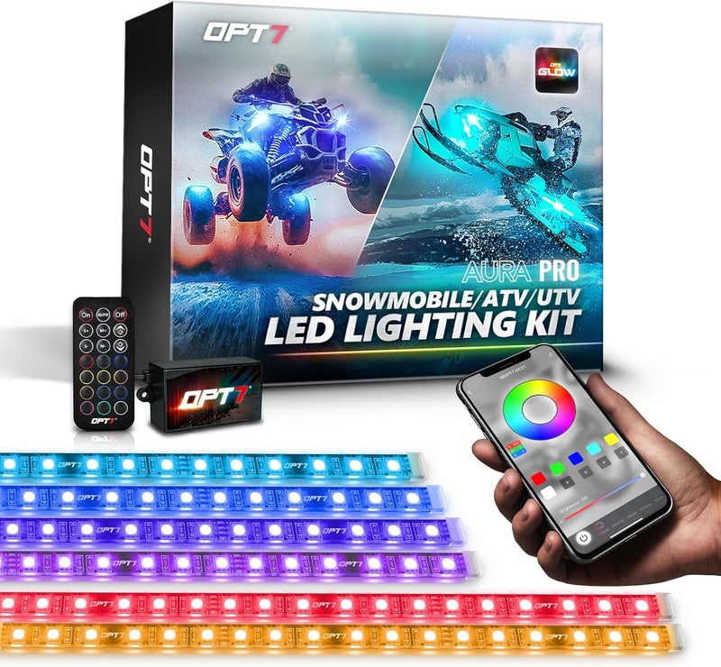 OPT7 Aura Snowmobile ATV Underglow Lights with App & Remote Control, 6PCS RGB LED Light Strips, Multi-Color Music Sync Decor Accessories, Waterproof Exterior Neon Accent Lighting Kit, 12V - Image 1